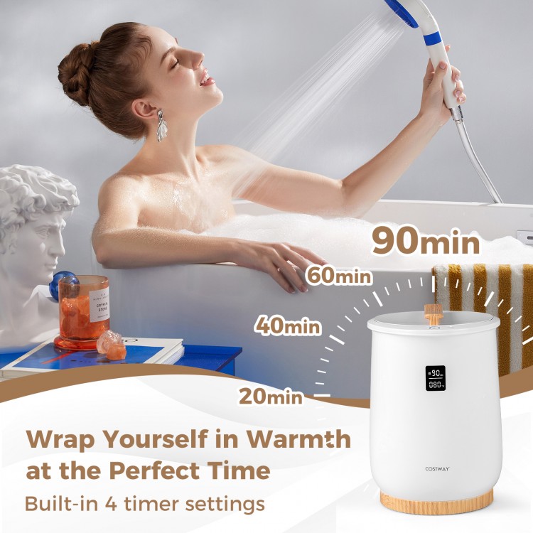 20L large heated towel warmer with LED display, featuring 4 timer settings for customizable warming experience.