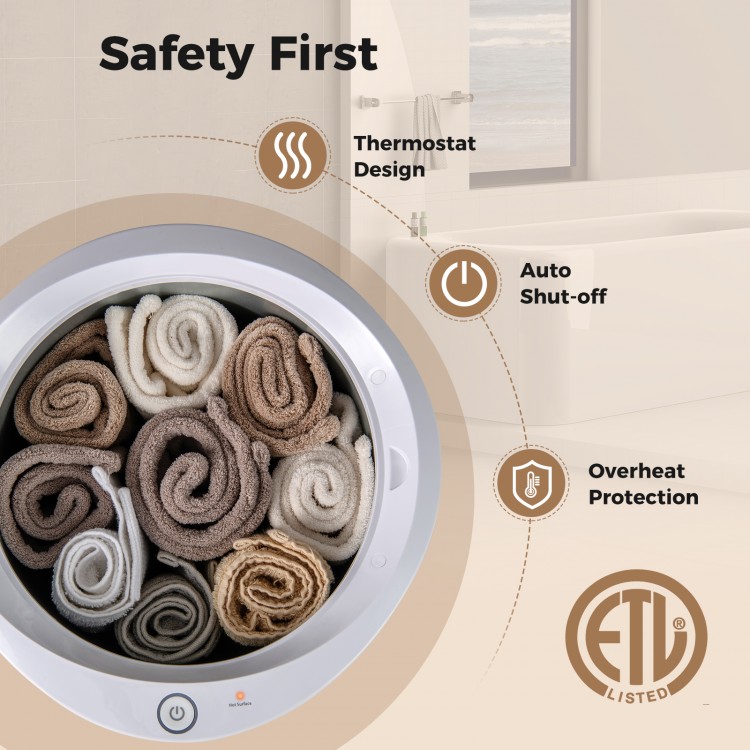 20L large heated towel warmer with LED display, auto shut-off, and overheat protection for safe, efficient use.
