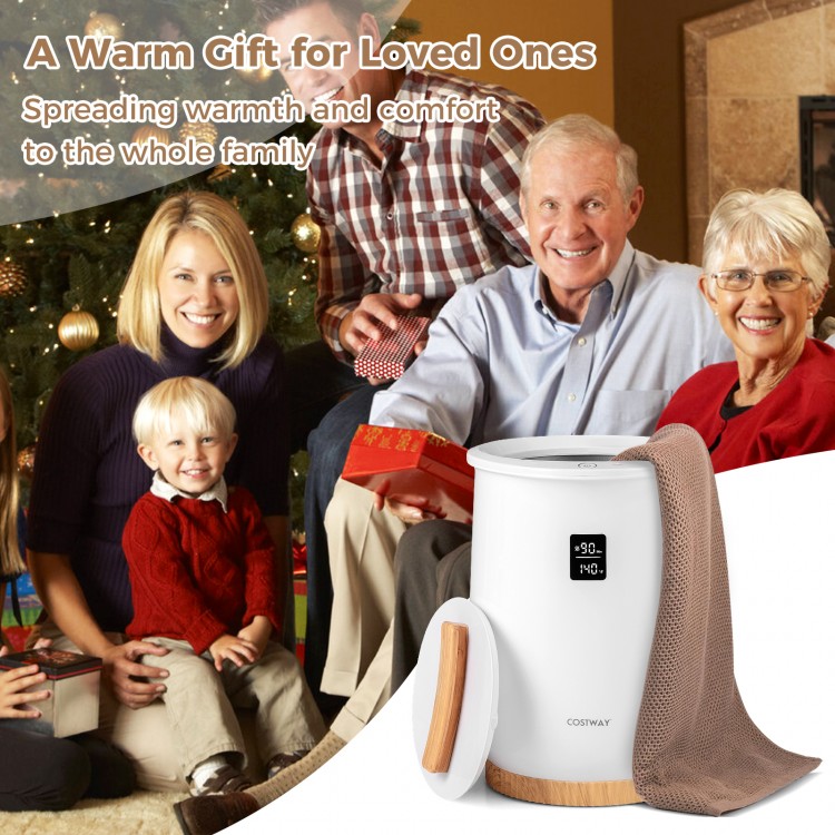 20L large heated towel warmer in white with LED display, perfect for family comfort and customizable warming experience.