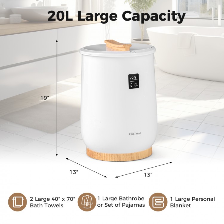 20L large heated towel warmer in white with LED display, compact design, ideal for warming towels and bathrobes.