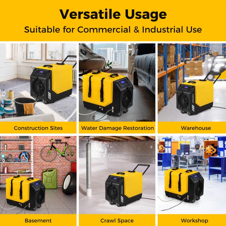 190 PPD commercial dehumidifier with pump and wheels, ideal for large areas up to 9,000 sq. ft, suitable for industrial.