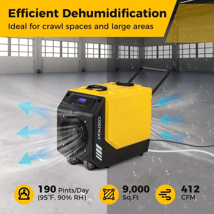 190 PPD commercial dehumidifier with pump, yellow, ideal for large areas up to 9,000 sq. ft, featuring wheels for.