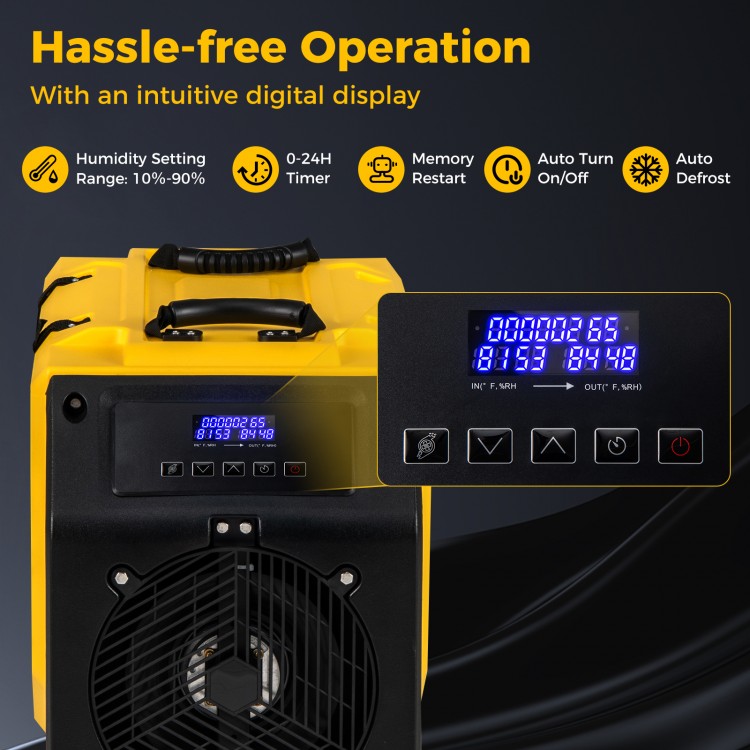 Commercial dehumidifier with digital display, 190 PPD capacity, auto drainage, and 2 wheels for easy mobility.
