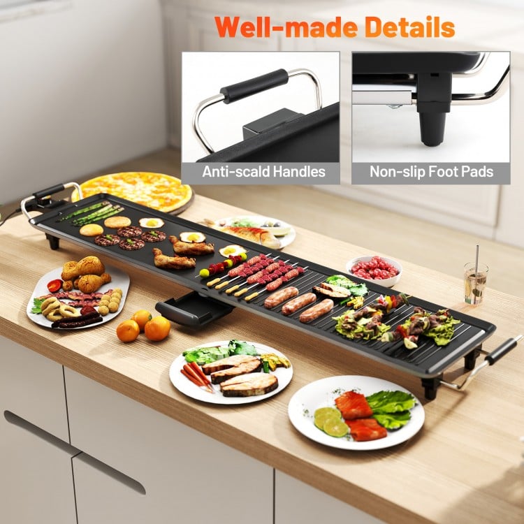 Extra large 39.5-inch electric griddle with two cooking surfaces, non-stick finish, and anti-scald handles for.
