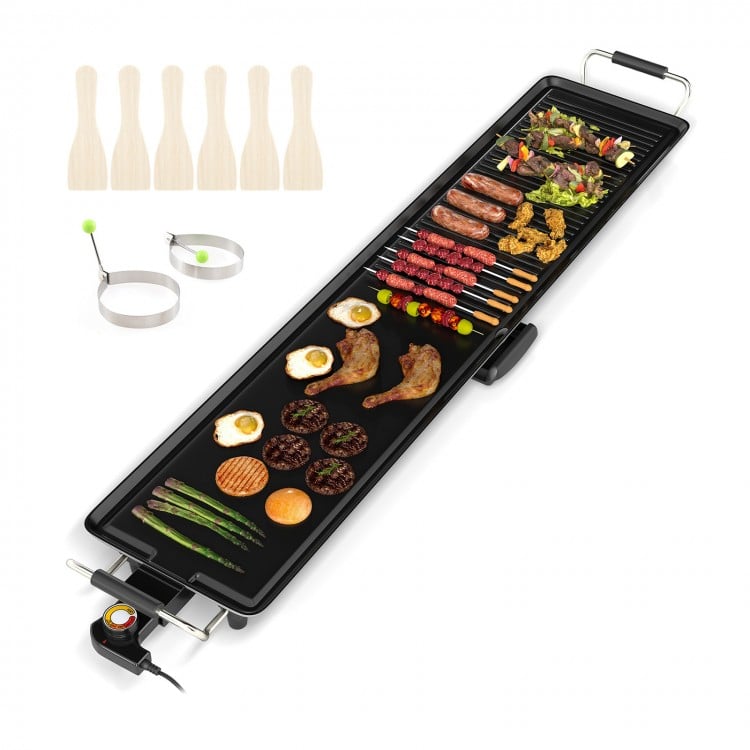 Extra large 39.5-inch electric griddle with two cooking surfaces, adjustable temperatures, and included spatulas for.