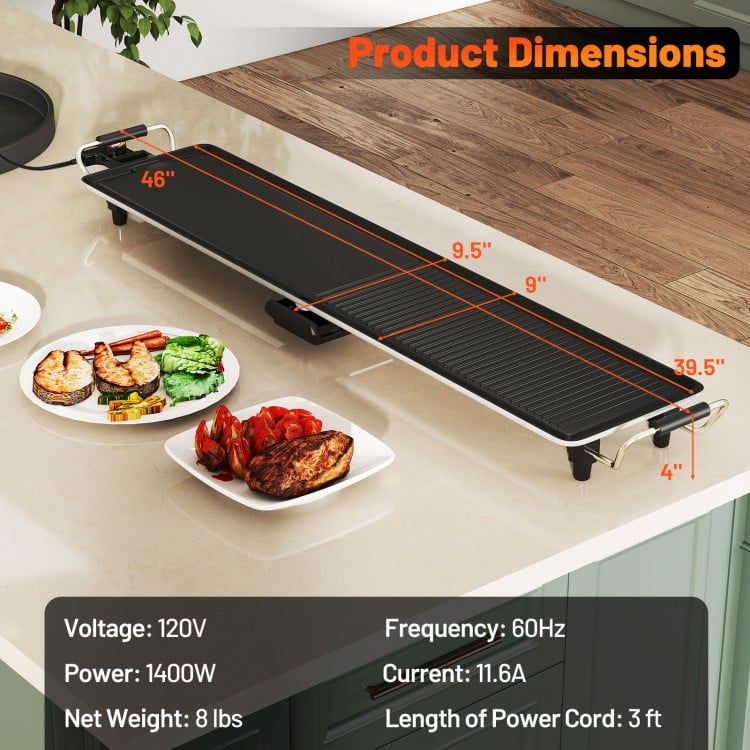 Extra large 39.5-inch electric griddle with two cooking surfaces, adjustable temperatures, and non-stick finish for.