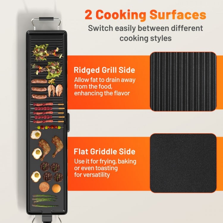 Extra large 39.5-inch electric griddle with ridged grill and flat griddle surfaces for versatile cooking.