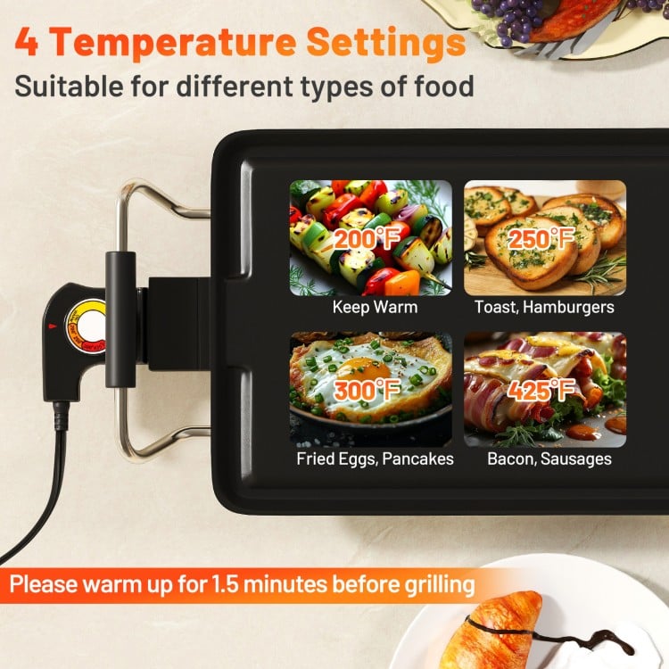 Extra large 39.5" electric griddle with 2 cooking surfaces and 4 temperature settings for versatile meal preparation.