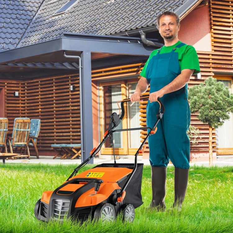 16-inch electric lawn dethatcher and scarifier in orange, shown in use on grass for efficient lawn care.