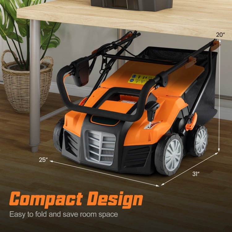 16-inch electric lawn dethatcher in orange with collection bag, featuring a compact design for easy storage under.
