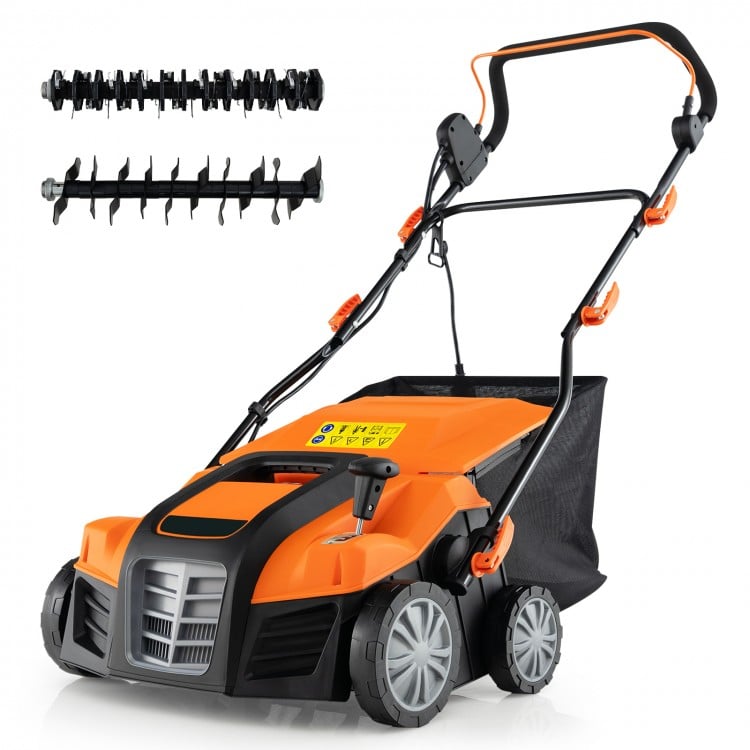 16-inch electric lawn dethatcher and scarifier in orange with collection bag, featuring adjustable heights and dual.