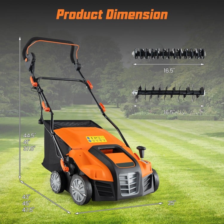 16-inch electric lawn dethatcher and scarifier in orange, featuring adjustable heights and a 14.5-gallon collection bag.