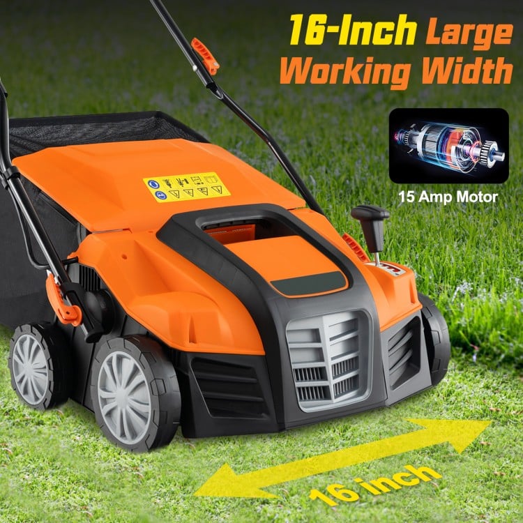 16-inch electric lawn dethatcher in orange with a 15 Amp motor, designed for efficient lawn care and easy storage.