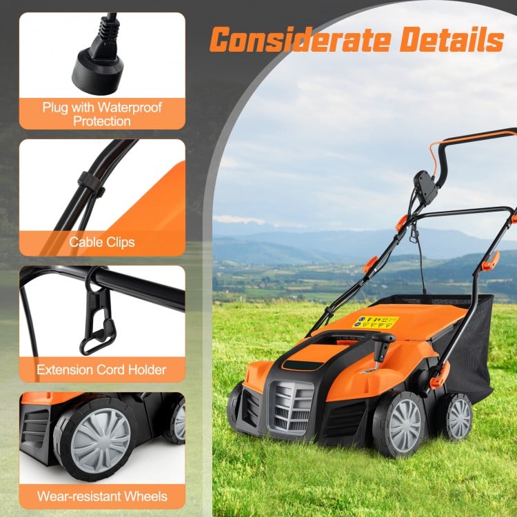 16-inch electric lawn dethatcher with collection bag, featuring waterproof plug, cable clips, and wear-resistant wheels.