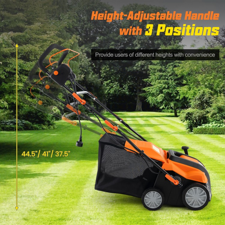 16-inch electric lawn dethatcher with height-adjustable handle, 15A motor, and 14.5-gallon collection bag for efficient.