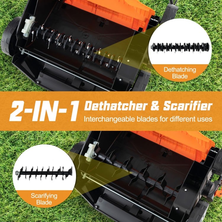 16-inch electric dethatcher and scarifier with interchangeable blades for efficient lawn care and healthier growth.