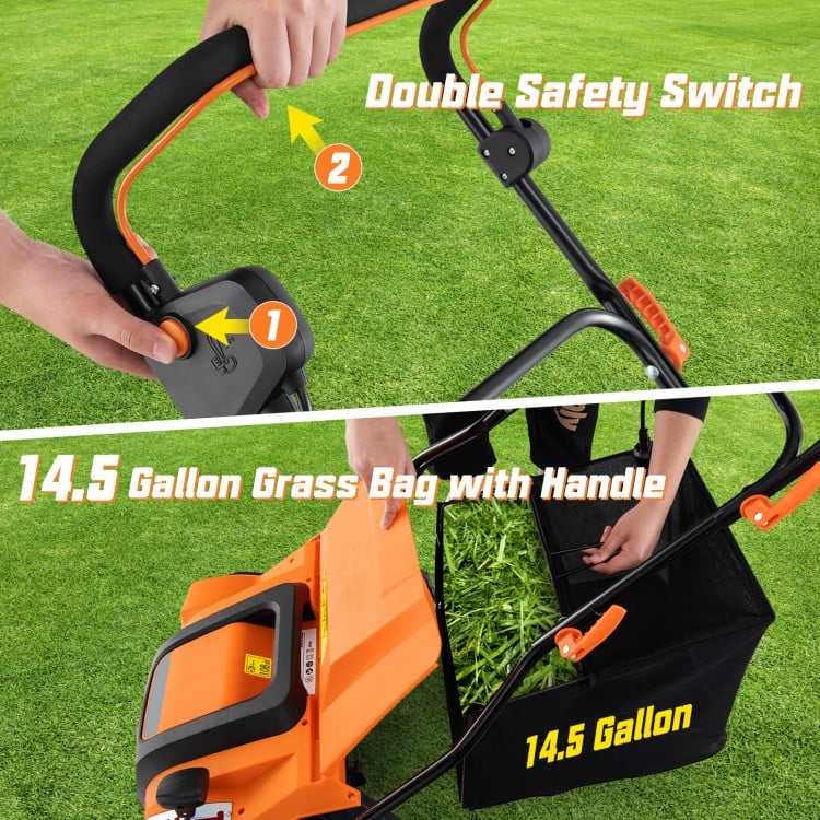 Double safety switch and 14.5-gallon grass bag with handle for the 16-inch electric lawn dethatcher and scarifier.