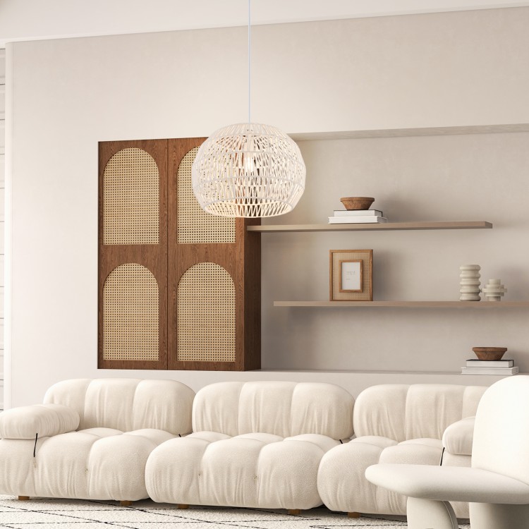 Round farmhouse rattan pendant light in beige with adjustable hanging rope, perfect for living room or bedroom decor.