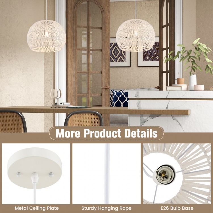 Beige round farmhouse rattan pendant light with adjustable hanging rope and metal ceiling plate, suitable for various.