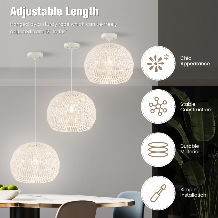 Round farmhouse rattan pendant lights with adjustable 12"-59" hanging rope, perfect for living room or bedroom decor.