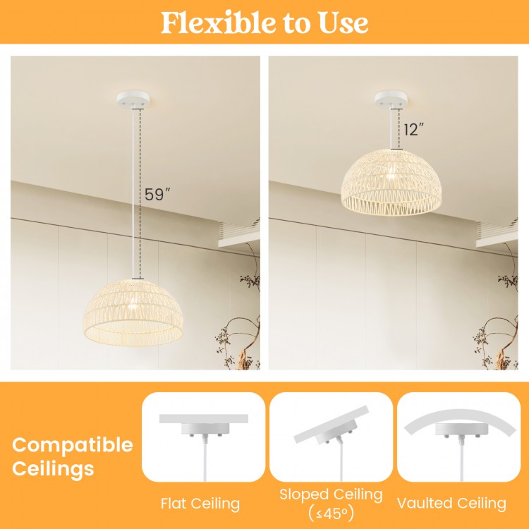 Adjustable 12"-59" beige rattan pendant light for flat, sloped, or vaulted ceilings, ideal for living room or kitchen.