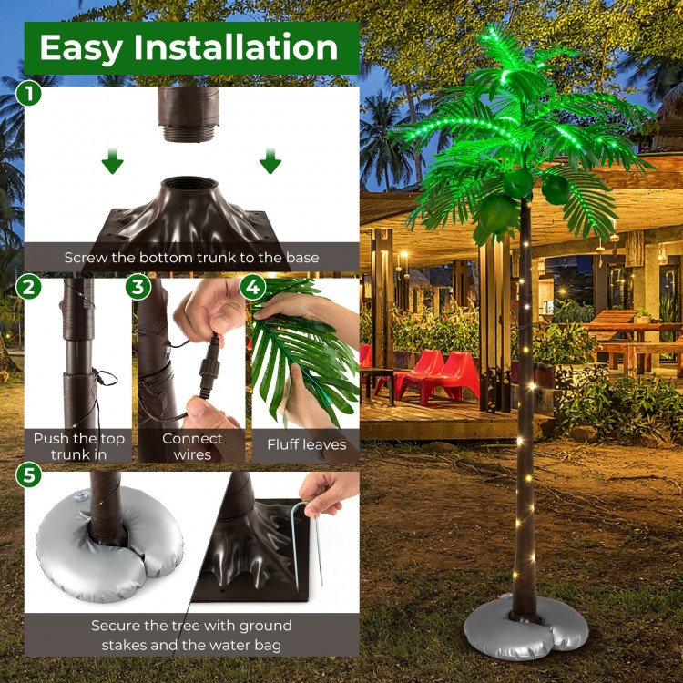 6 FT LED lighted artificial palm tree with lifelike leaves, water bag, and stakes for easy outdoor setup and tropical.