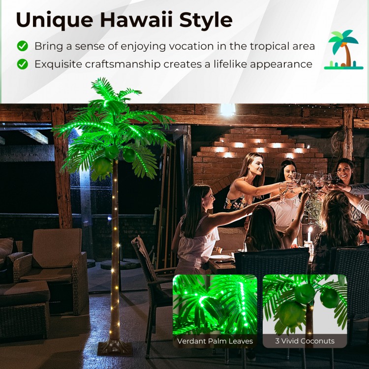 6 FT LED lighted artificial palm tree with lifelike leaves and coconuts, perfect for tropical-themed parties or patios.