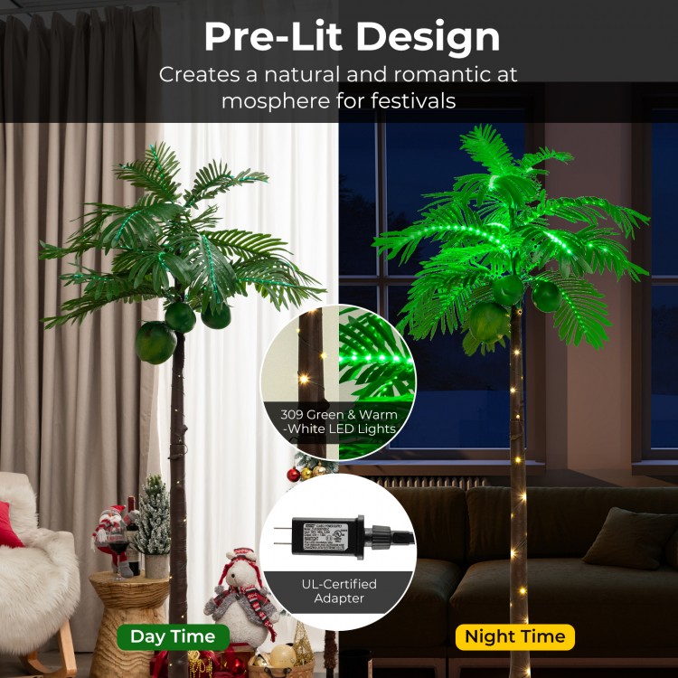 6 FT LED lighted artificial palm tree with lifelike leaves and coconuts, perfect for creating a tropical atmosphere.