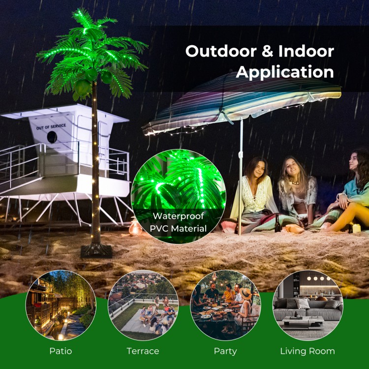 6 FT LED lighted artificial palm tree with waterproof PVC material, ideal for patio, terrace, or party decoration.