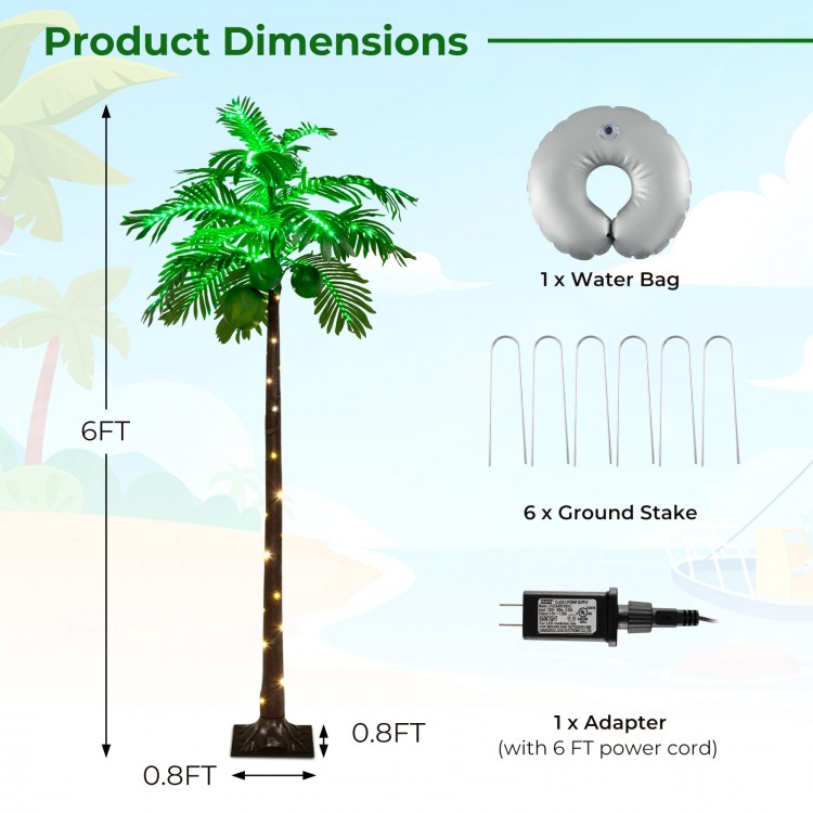 6 FT LED lighted artificial palm tree with water bag and stakes, perfect for creating a tropical atmosphere outdoors.