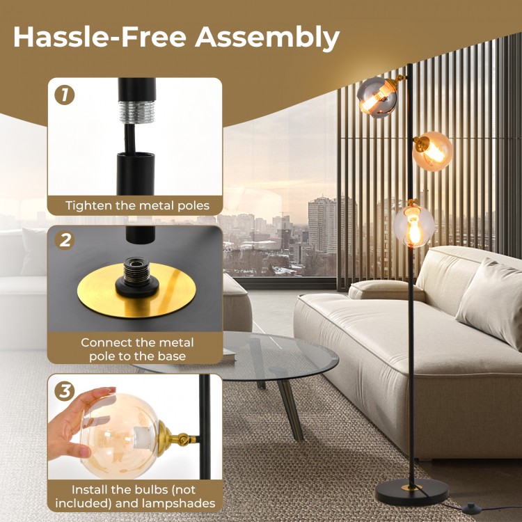 Hassle-free assembly instructions for the Mid Century floor lamp with three glass globe lampshades and a sturdy base.