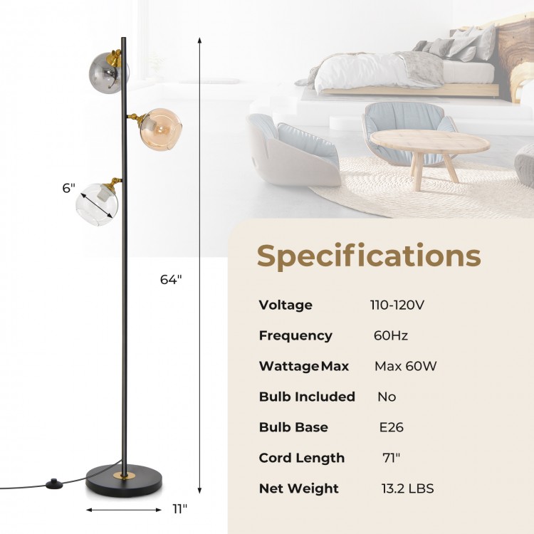 Mid Century floor lamp with three glass globe lampshades, adjustable angle, and sturdy weighted base for stylish.