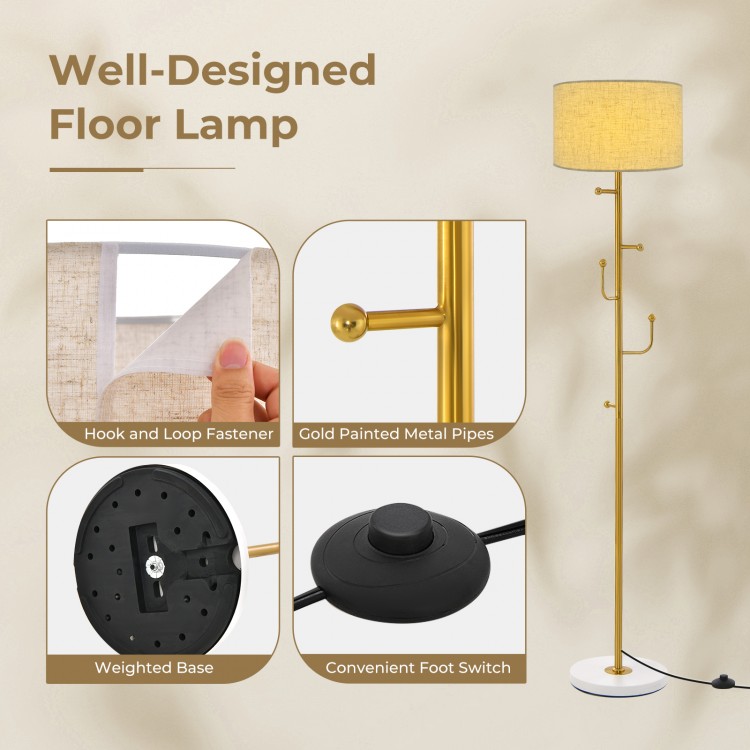 Freestanding tall pole lamp with 5 hooks, gold painted metal pipes, and a sturdy weighted base for versatile use.