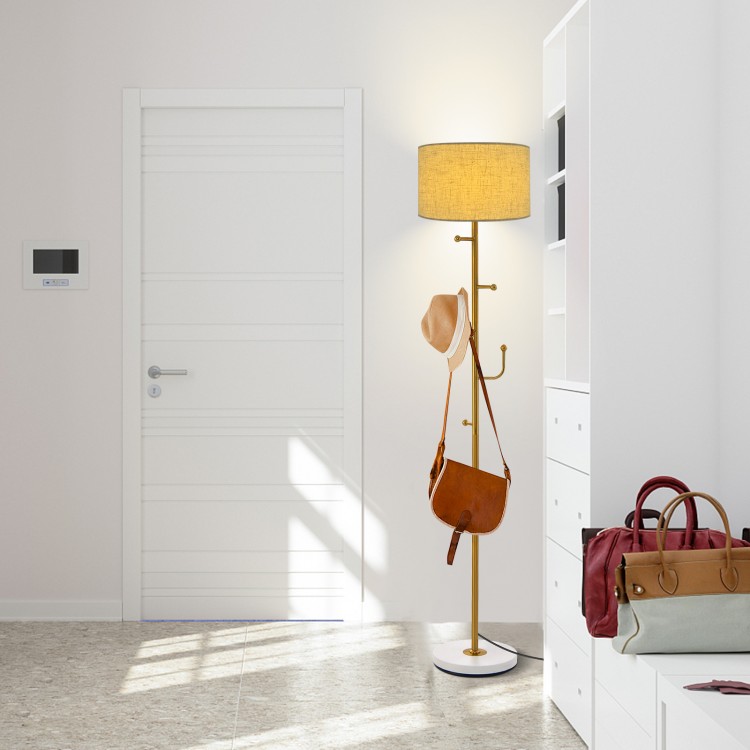 Freestanding tall pole lamp with 5 hooks and sturdy weighted base, perfect for entryway or living room organization.