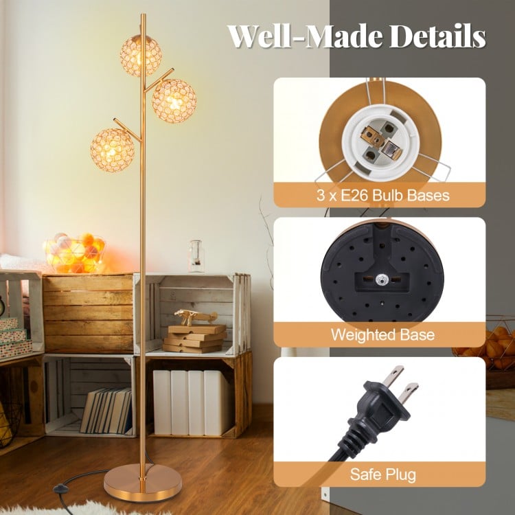 3-globe floor lamp with golden finish, featuring 3 E26 bulb bases and a weighted base for stability, ideal for homes.
