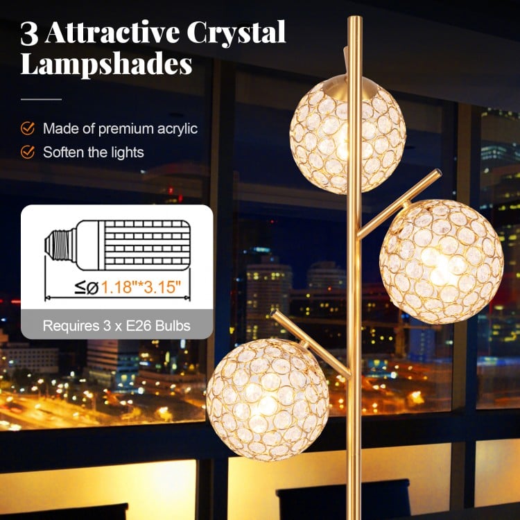 Three-globe floor lamp with golden finish and acrylic shades, featuring a foot switch and E26 bulb bases for soft.