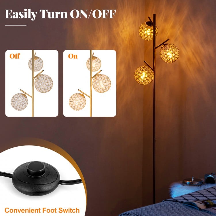 3-globe floor lamp with foot switch, golden finish, featuring acrylic shades for soft light diffusion, ideal for homes.
