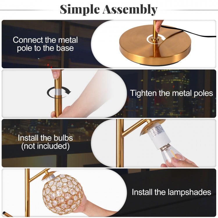 3-globe floor lamp assembly steps showing metal pole connection, foot switch, and lamp shade installation for home or.