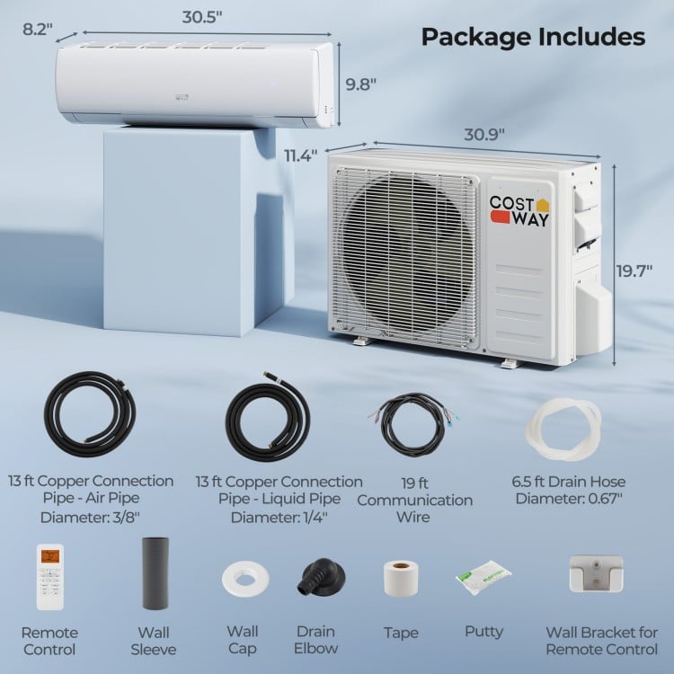 EchoCool Series 11500 BTU mini split air conditioner and heater with remote control, designed for rooms up to 750 sq.ft.