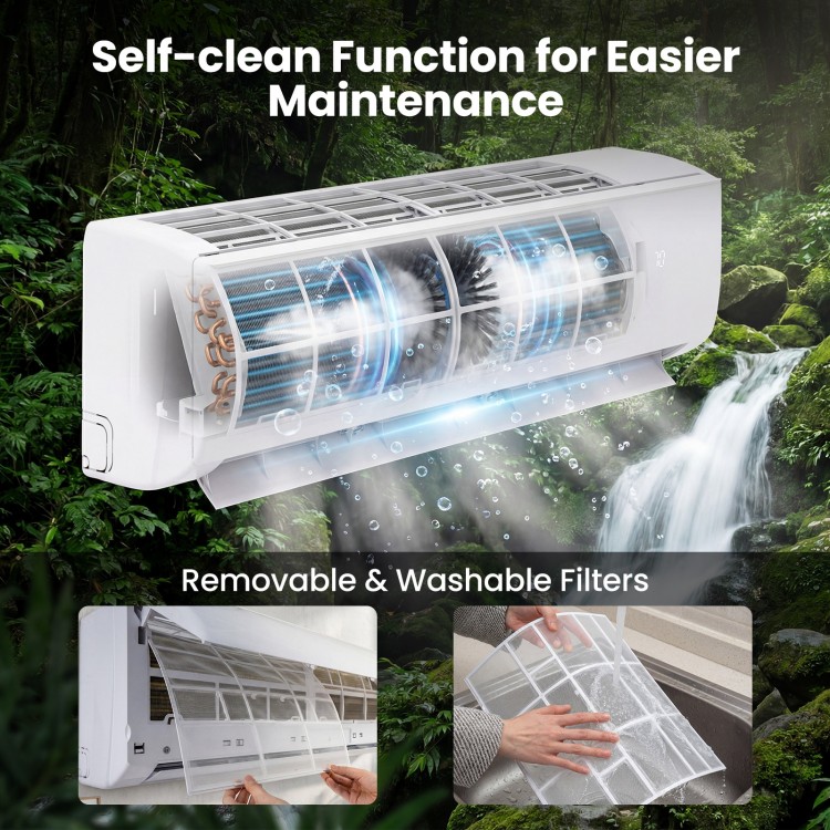 Self-cleaning mini split air conditioner with removable filters, designed for efficient cooling and heating in large.