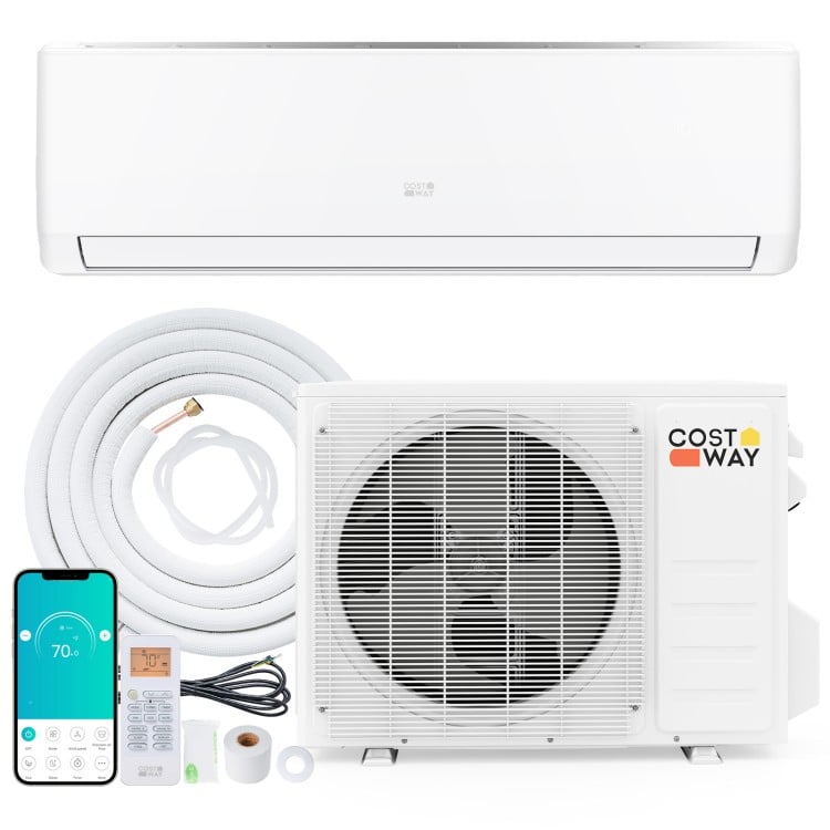 Mini split air conditioner and heater with 12000 BTU, smart wifi control, and energy-efficient inverter technology.