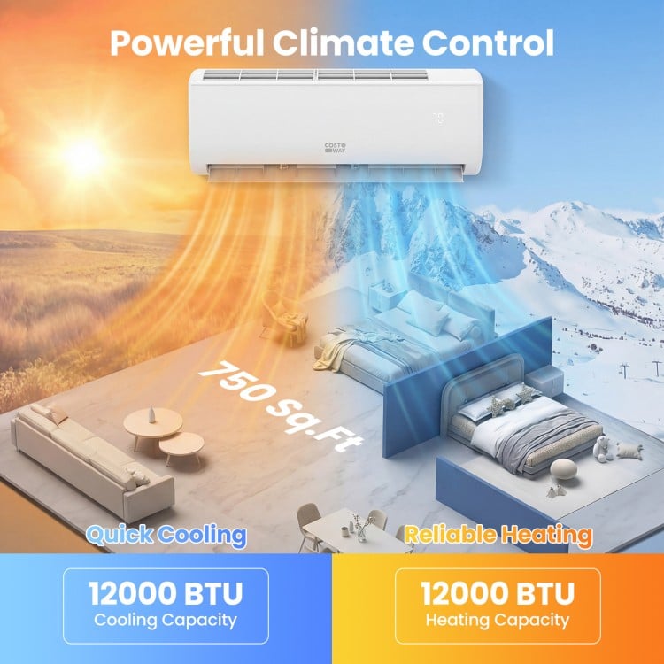 Mini split air conditioner and heater with 12000 BTU capacity, showcasing quick cooling and reliable heating for 750.