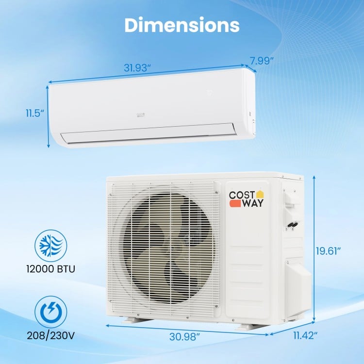 EcoGuard Series 12000 BTU mini split air conditioner with outdoor unit dimensions, featuring inverter technology and.