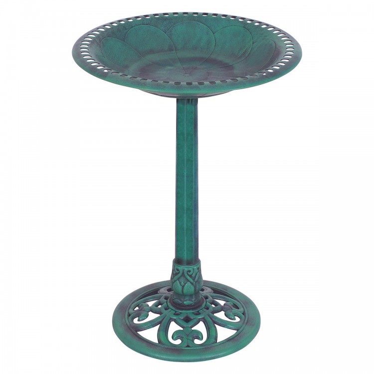 Green pedestal bird bath feeder made of weather-resistant resin, featuring a decorative bowl and easy no-tool assembly.