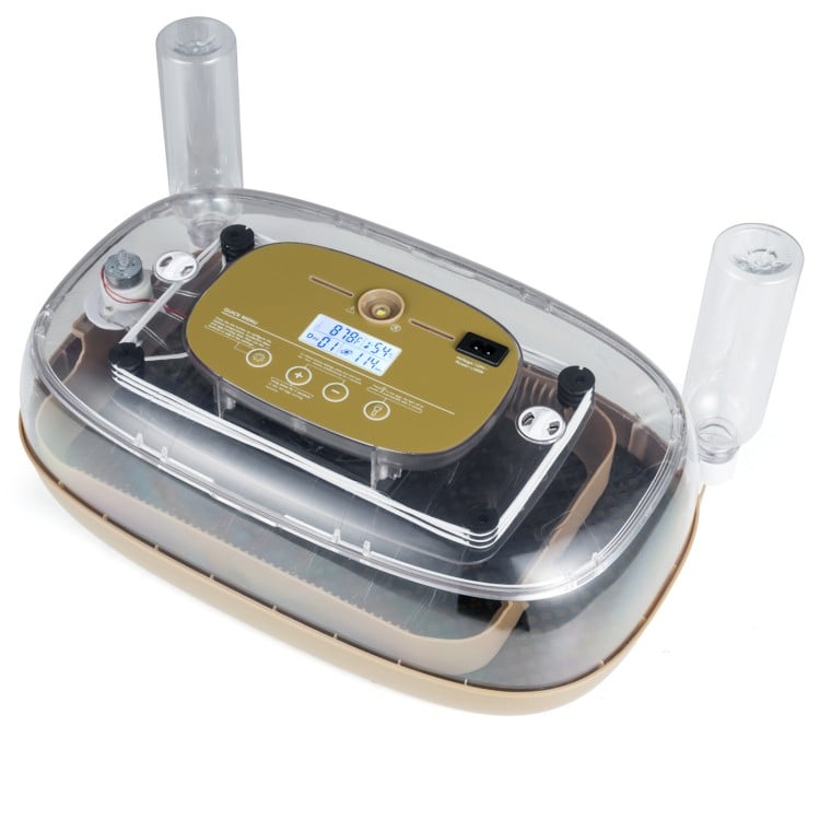 Top view of the egg incubator featuring automatic egg turning and built-in airflow system for humidity control.