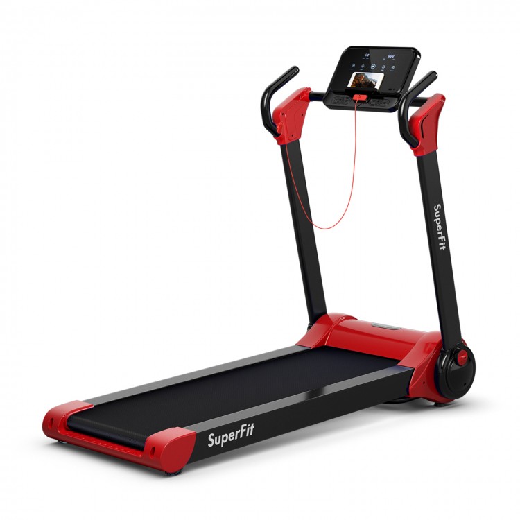Folding treadmill with 2.25 HP motor, LED display, and phone holder for home and office workouts in red.