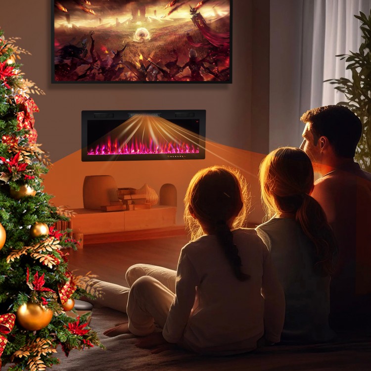 Electric fireplace with adjustable flame colors and brightness, wall-mounted in a cozy living room setting.