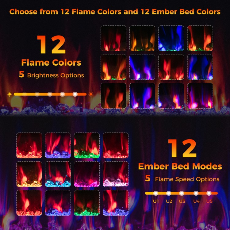 Adjustable flame and ember bed colors for the Electric Fireplace, showcasing 12 flame colors and 5 brightness options.