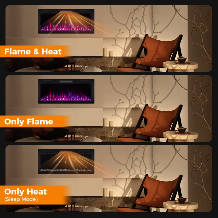 Electric fireplace in three modes: flame & heat, only flame, and only heat, showcasing adjustable colors and brightness.