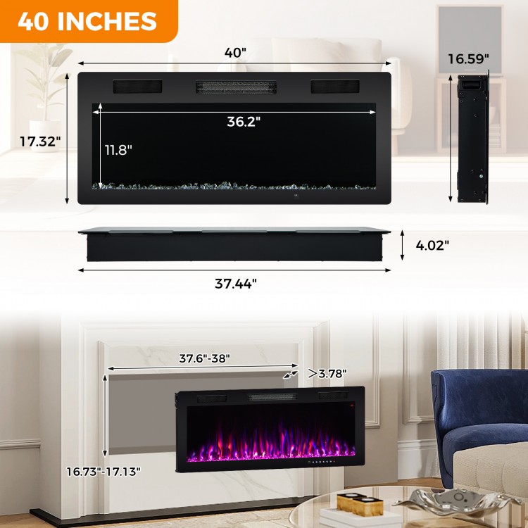 40-inch electric fireplace with adjustable flame colors, remote control, and recessed or wall-mounted installation for.